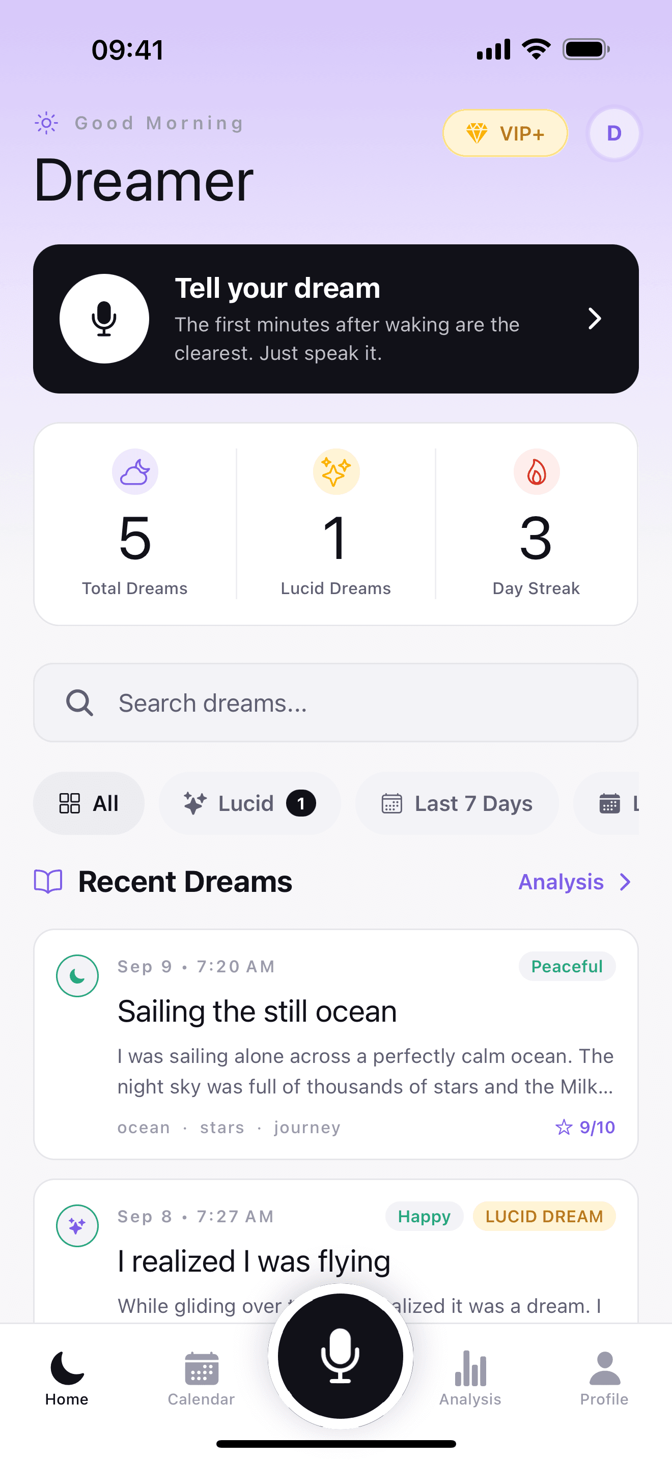 Nurena app home screen with voice recording and dream journal