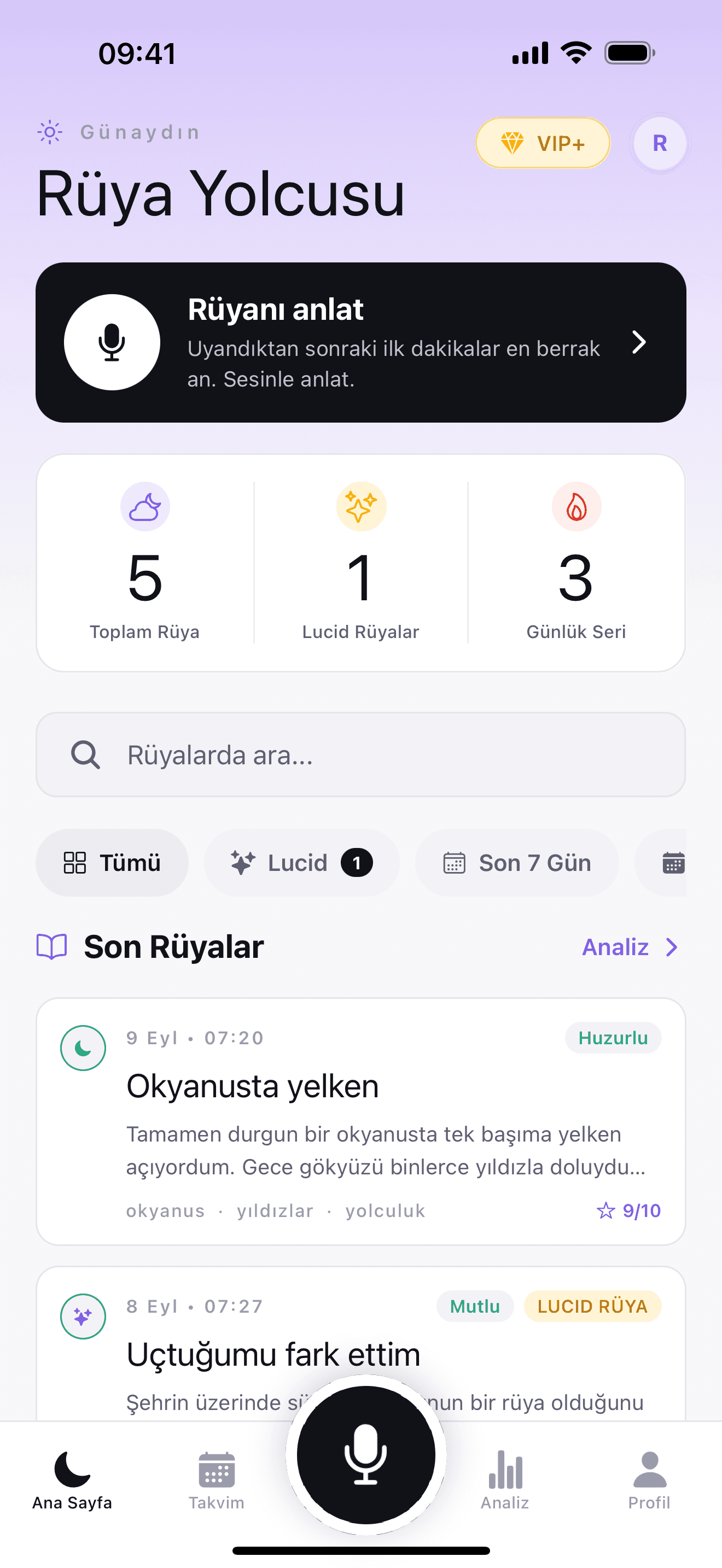 Nurena uygulamasında sesli rüya kaydı ve rüya günlüğü ana ekranı